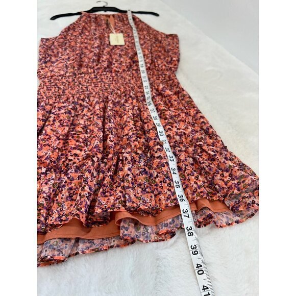 New RAMY BROOK Size M Preston Mini Dress Coral Combo Smocked Waist, Ruffle Hem - Picture 6 of 14